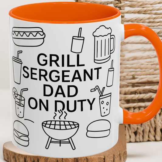 Mug with 'Grill Sergeant Dad on Duty' text and grill graphics on a white background