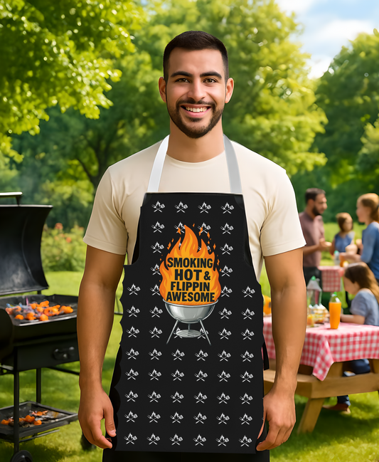 Man wearing a black apron with a grill graphic and text, standing outdoors at a barbecue.