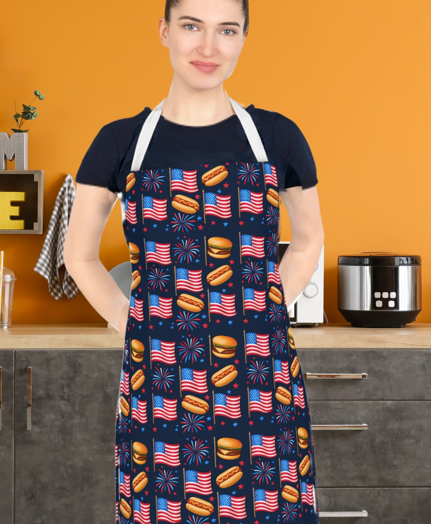 American Flag BBQ Apron, Cooking Chef Apron, Patriotic Grilling Apron, Barbecue Apron, Red White Blue Fireworks Apron