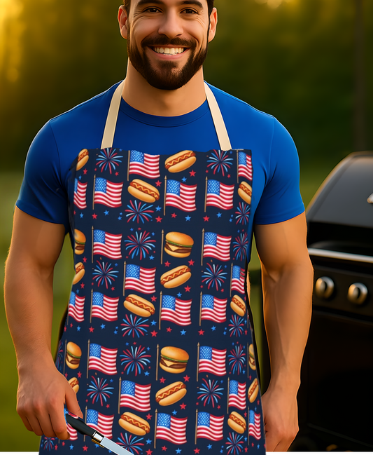 Man wearing a colorful apron with American flag and hot dog pattern outdoors.