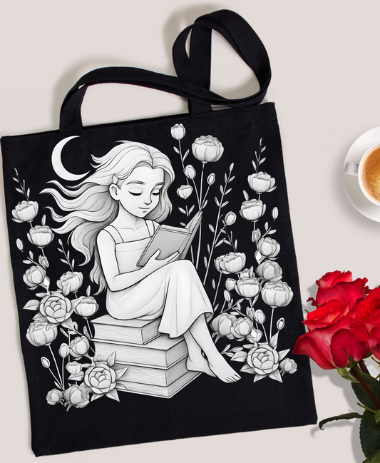 Reading Woman Tote Bag - Literary Tote, Book Lover Gift, Library Tote, Book Club Bag, Floral Tote