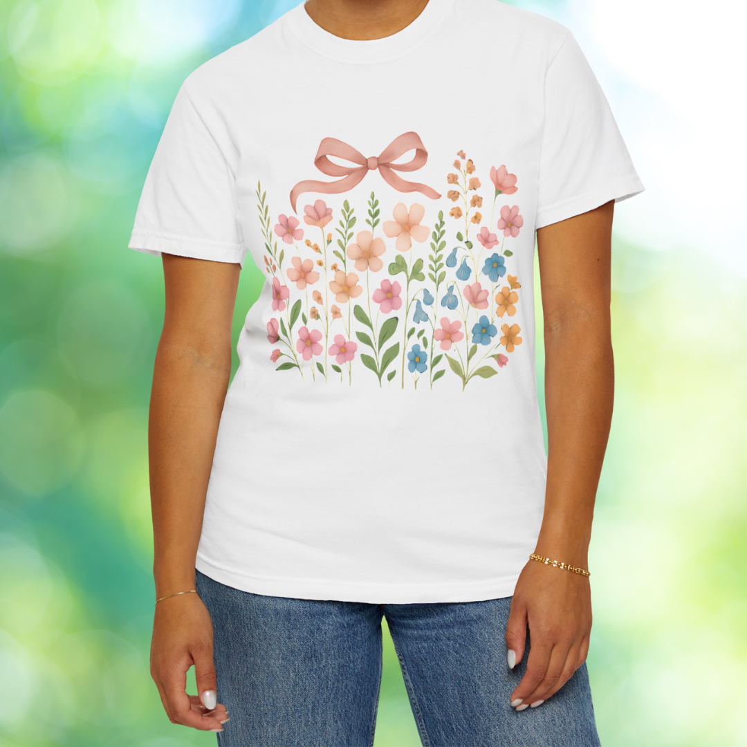 Dried Flowers, Boho Wildflowers Botanical Shirt, Wild Flowers T-Shirt, Vintage look, Pink Bow