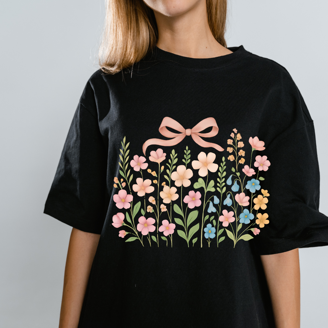 Dried Flowers, Boho Wildflowers Botanical Shirt, Wild Flowers T-Shirt, Vintage look, Pink Bow