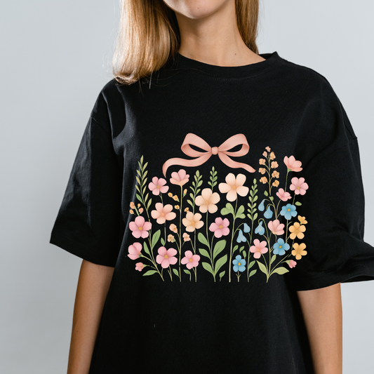 Dried Flowers, Boho Wildflowers Botanical Shirt, Wild Flowers T-Shirt, Vintage look, Pink Bow