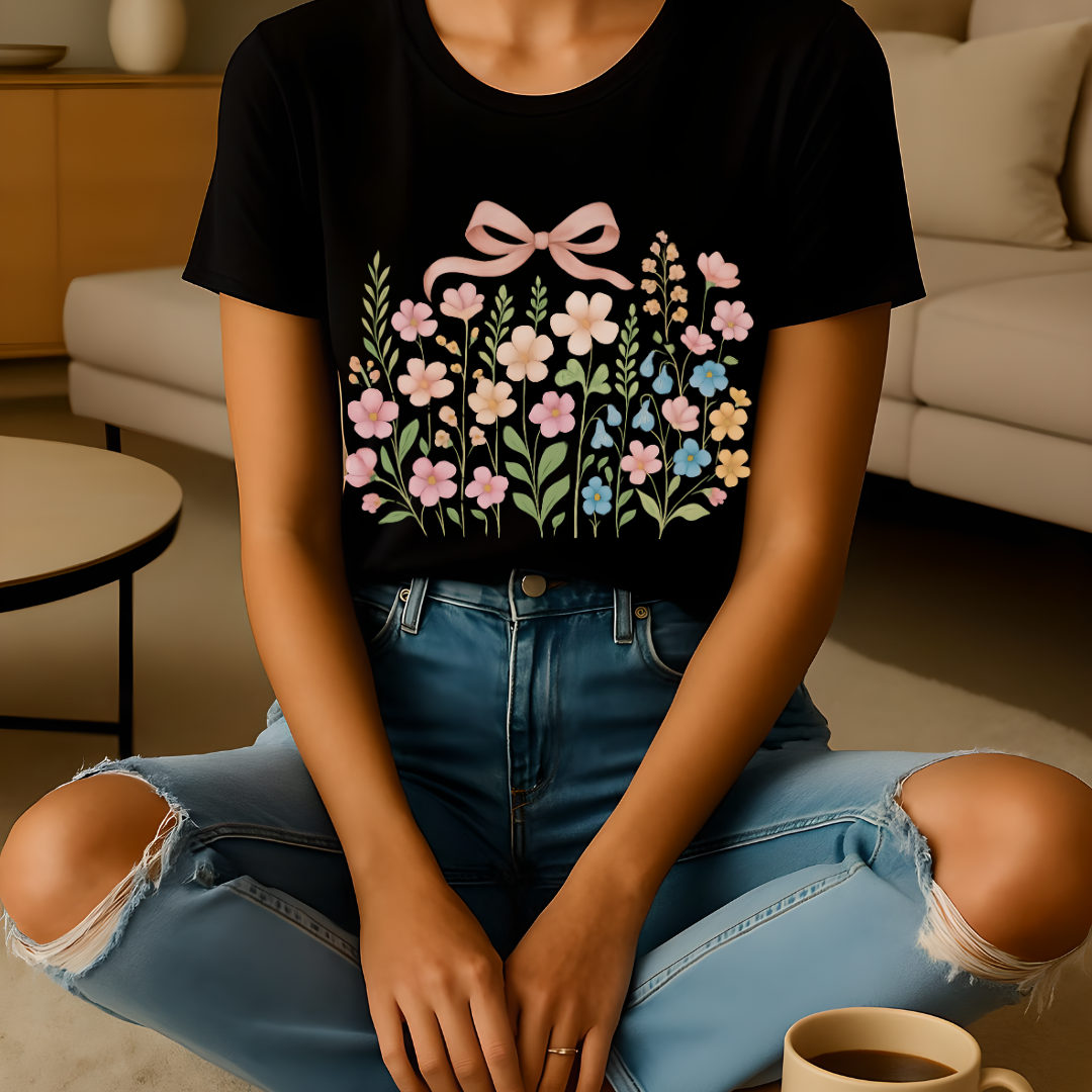 Dried Flowers, Boho Wildflowers Botanical Shirt, Wild Flowers T-Shirt, Vintage look, Pink Bow