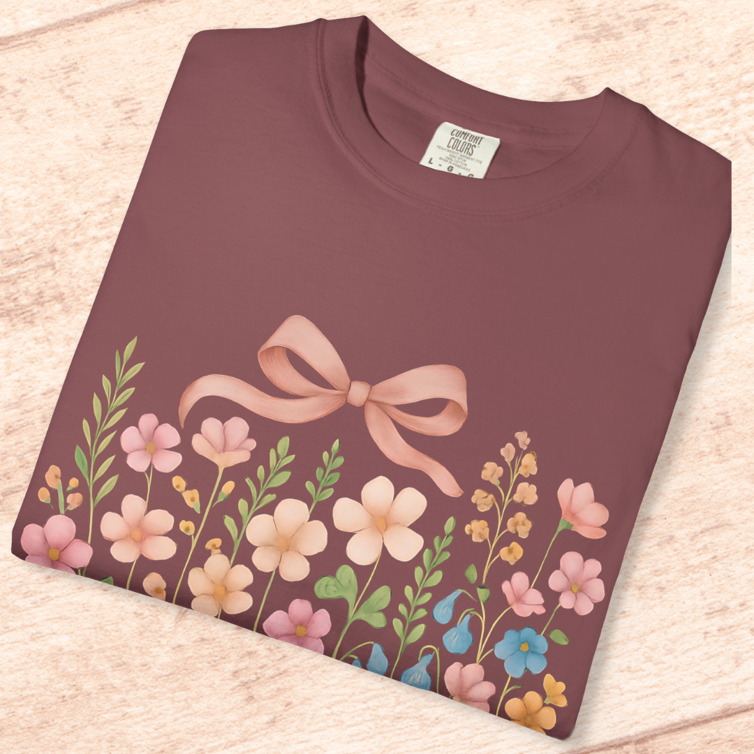 Dried Flowers, Boho Wildflowers Botanical Shirt, Wild Flowers T-Shirt, Vintage look, Pink Bow