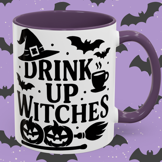 Halloween Coffee Mug - Halloween Drink Up Witches with Witch Hat Pumpkin and Bats