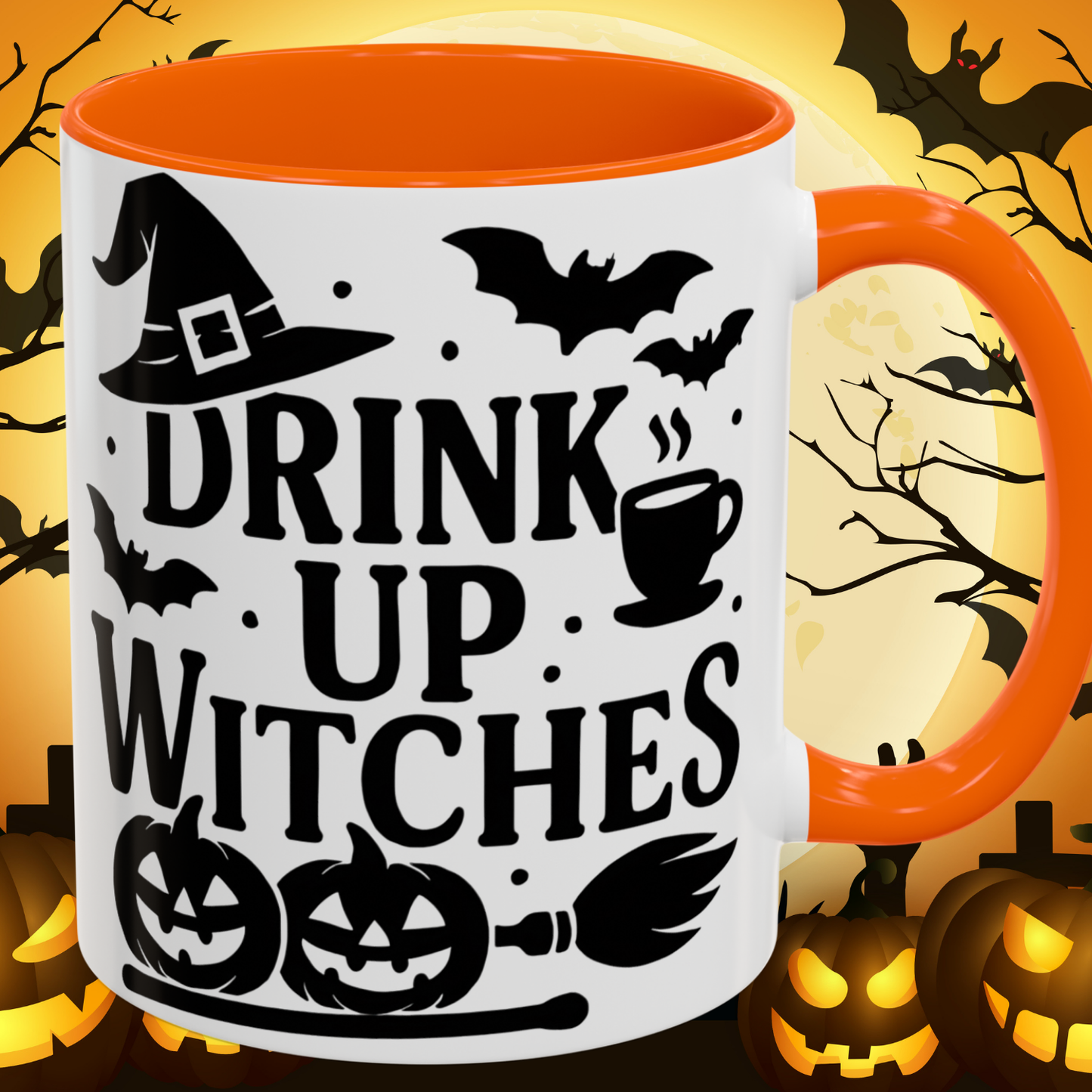 Halloween Coffee Mug - Halloween Drink Up Witches with Witch Hat Pumpkin and Bats