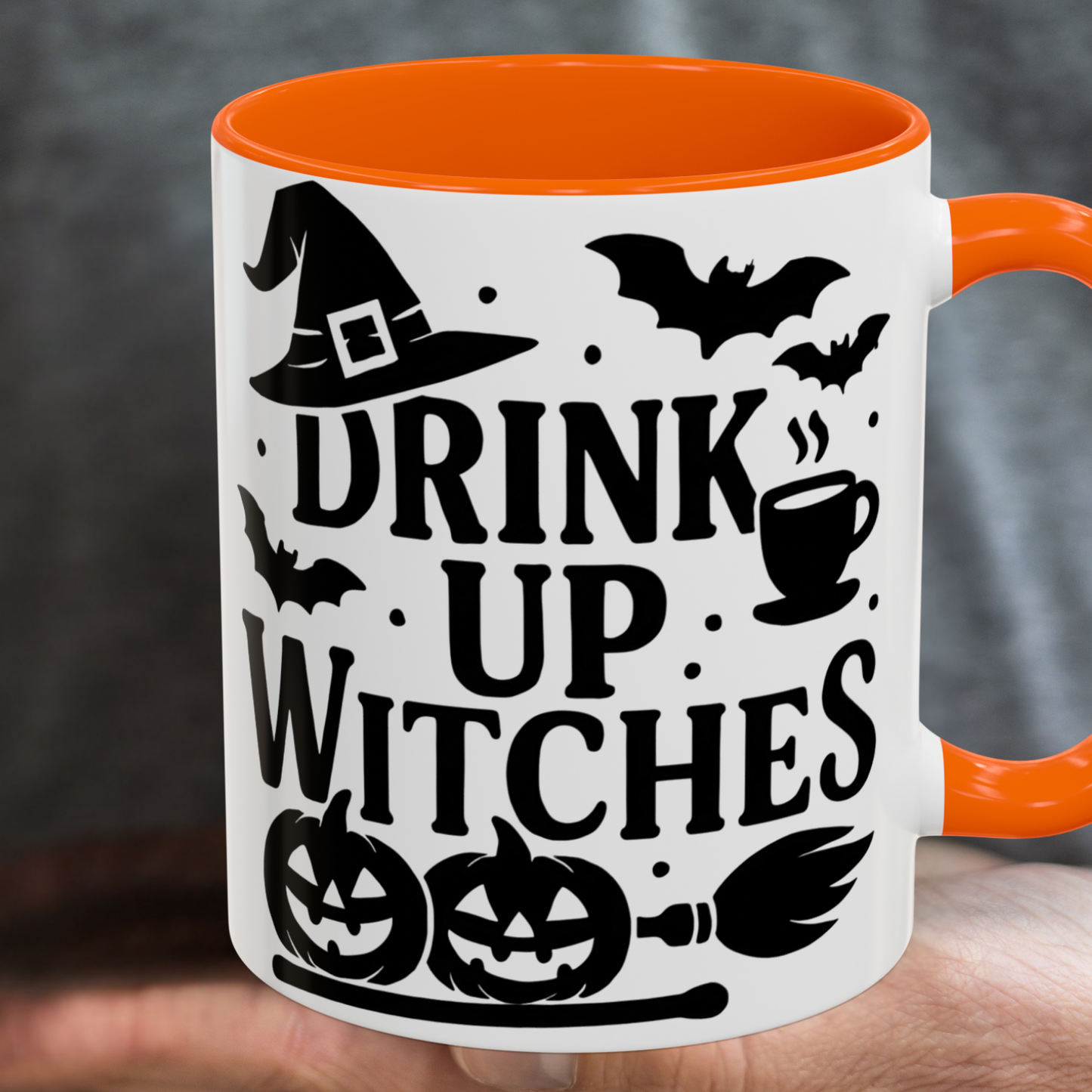 Halloween Coffee Mug - Halloween Drink Up Witches with Witch Hat Pumpkin and Bats