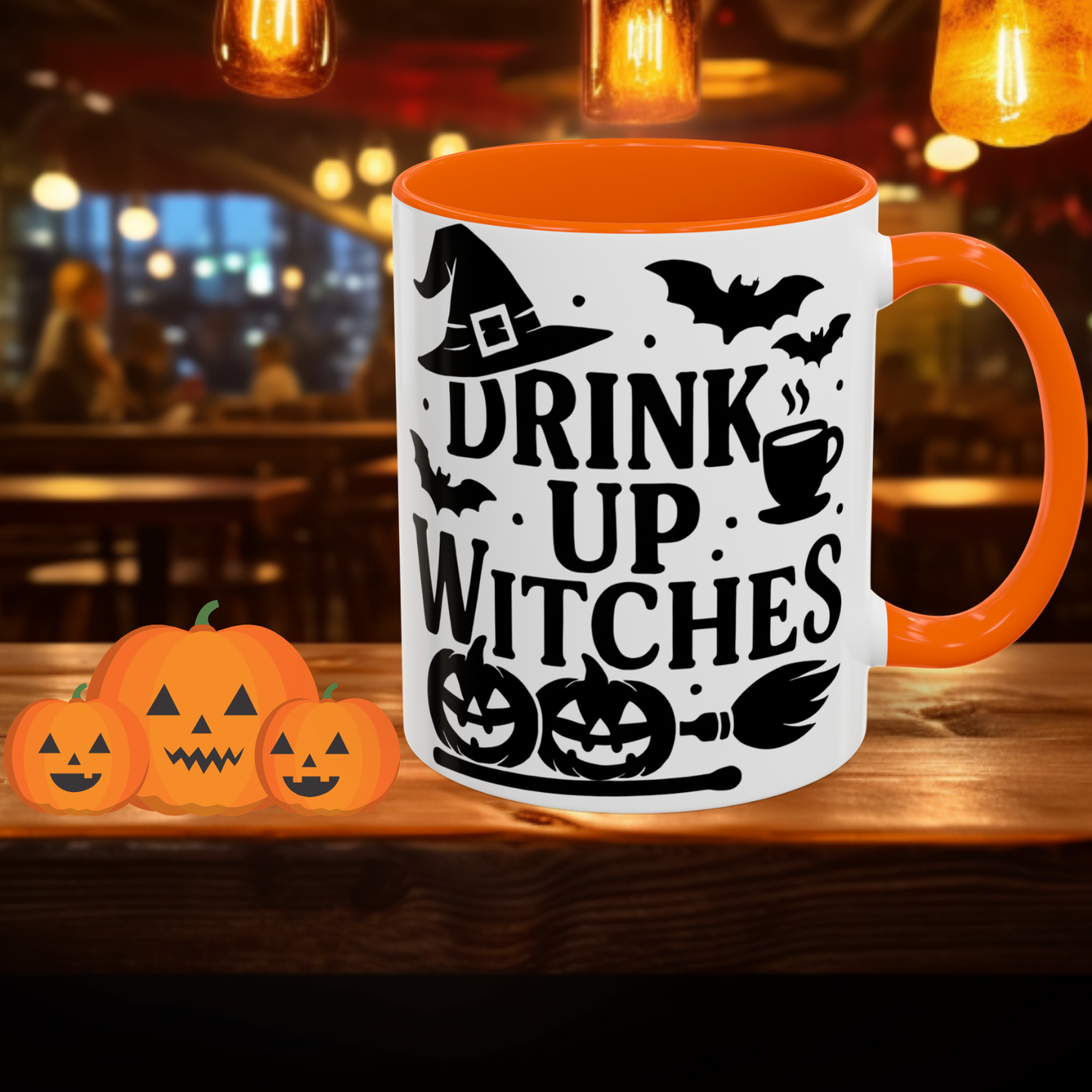 Halloween Coffee Mug - Halloween Drink Up Witches with Witch Hat Pumpkin and Bats