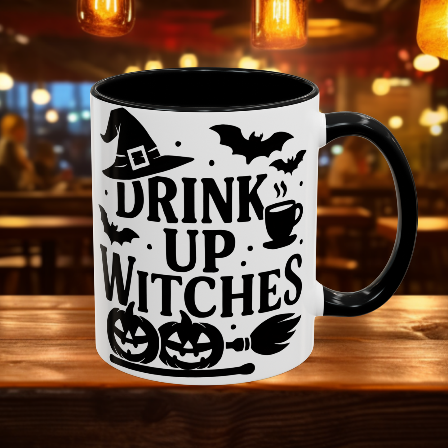 Halloween Coffee Mug - Halloween Drink Up Witches with Witch Hat Pumpkin and Bats
