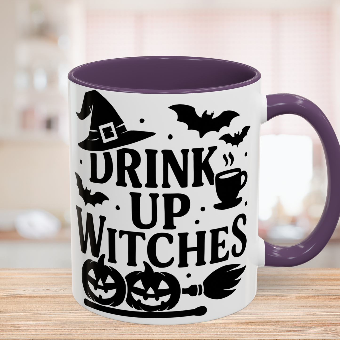 Halloween Coffee Mug - Halloween Drink Up Witches with Witch Hat Pumpkin and Bats