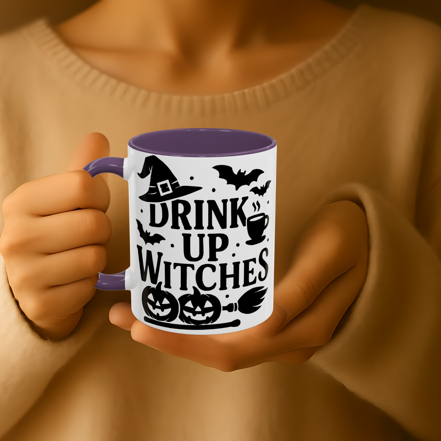 Halloween Coffee Mug - Halloween Drink Up Witches with Witch Hat Pumpkin and Bats