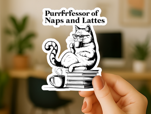 Cat and books, Cat with Glasses Kiss-Cut Stickers, Professor of Napes and Lattes Mug Decal, Book Lover Gift, Coffee Addict Decal, Laptop Sticker, Cute