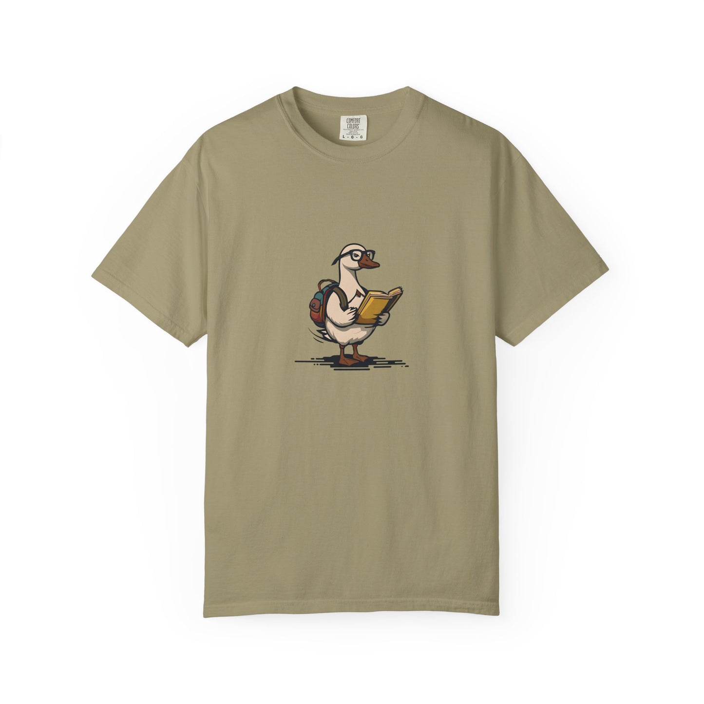 Funny Goose Unisex T-shirt, Silly Animal Reading Book & Backpack Tee, Gift for Book Lovers, Cute Bird Shirt, Novelty Animal Graphic Tee,