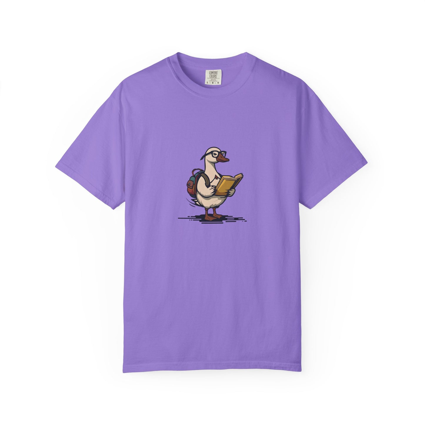 Funny Goose Unisex T-shirt, Silly Animal Reading Book & Backpack Tee, Gift for Book Lovers, Cute Bird Shirt, Novelty Animal Graphic Tee,