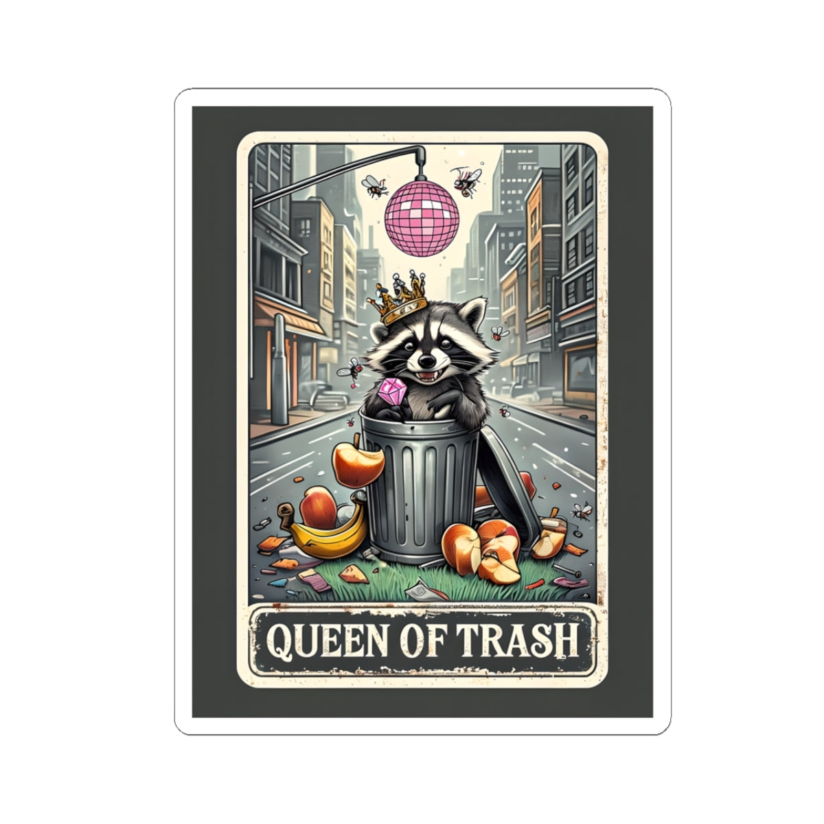 Sticker - Queen of Trash Raccoon with Diamond Ring and Crown with disco ball