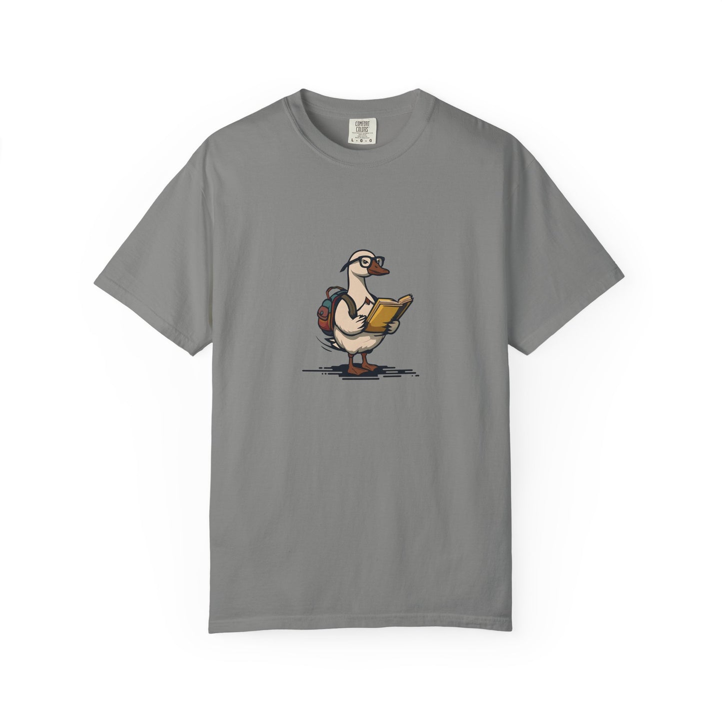Funny Goose Unisex T-shirt, Silly Animal Reading Book & Backpack Tee, Gift for Book Lovers, Cute Bird Shirt, Novelty Animal Graphic Tee,