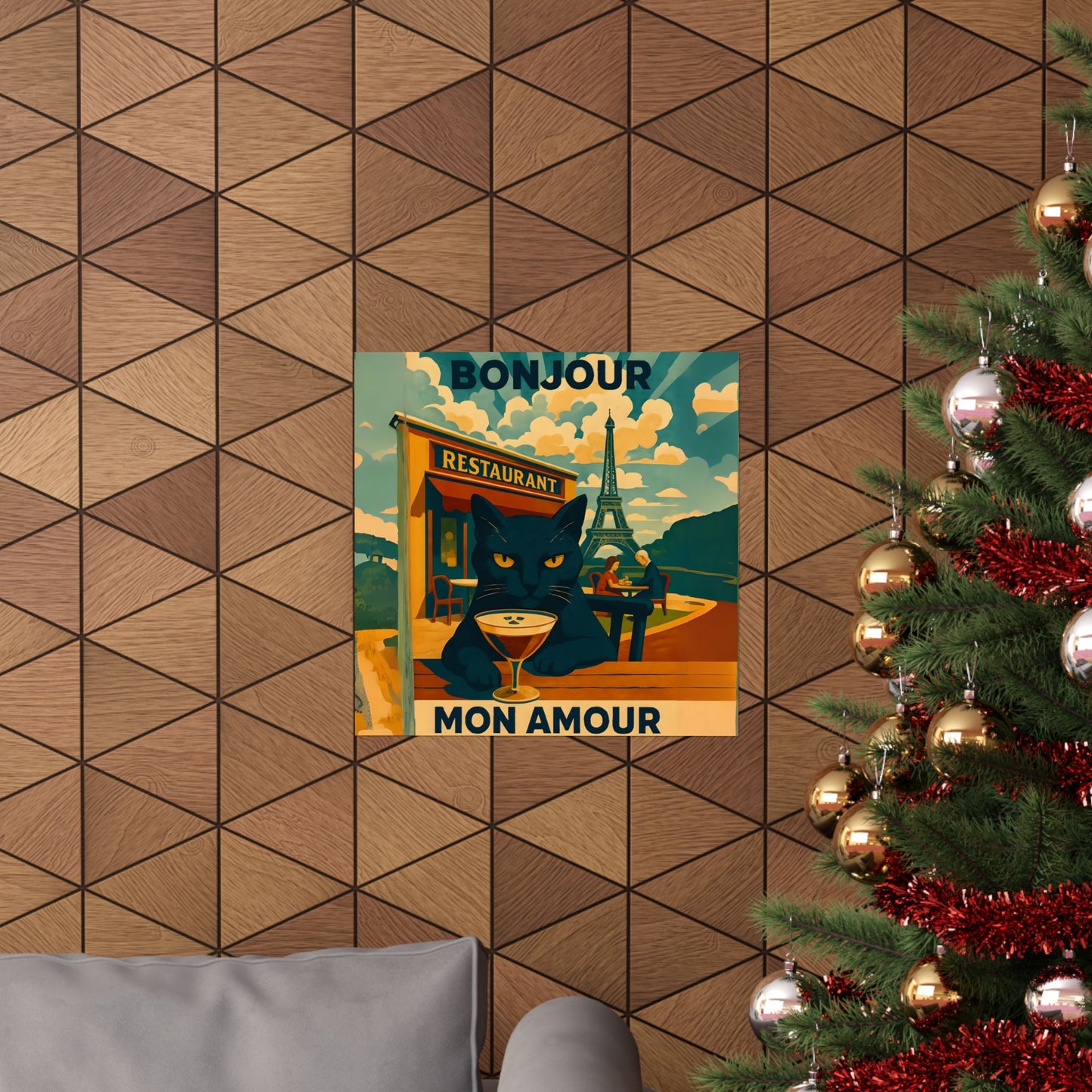 Paris Poster, Black Cat in Paris Cafe Bonjour Mon Amour Matte Print, Wall Art, Home Decor, French Cat Lover Gift, Espresso Drink Eiffel