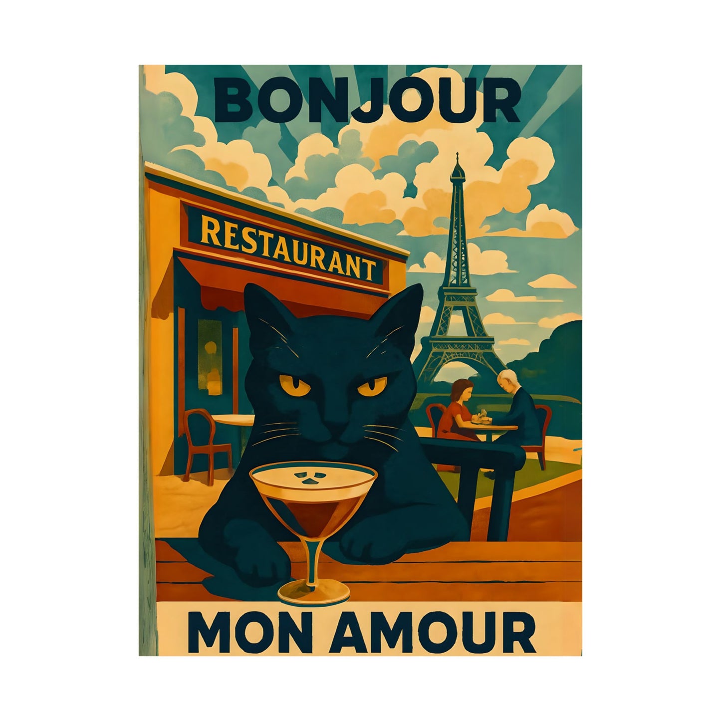 Paris Poster, Black Cat in Paris Cafe Bonjour Mon Amour Matte Print, Wall Art, Home Decor, French Cat Lover Gift, Espresso Drink Eiffel