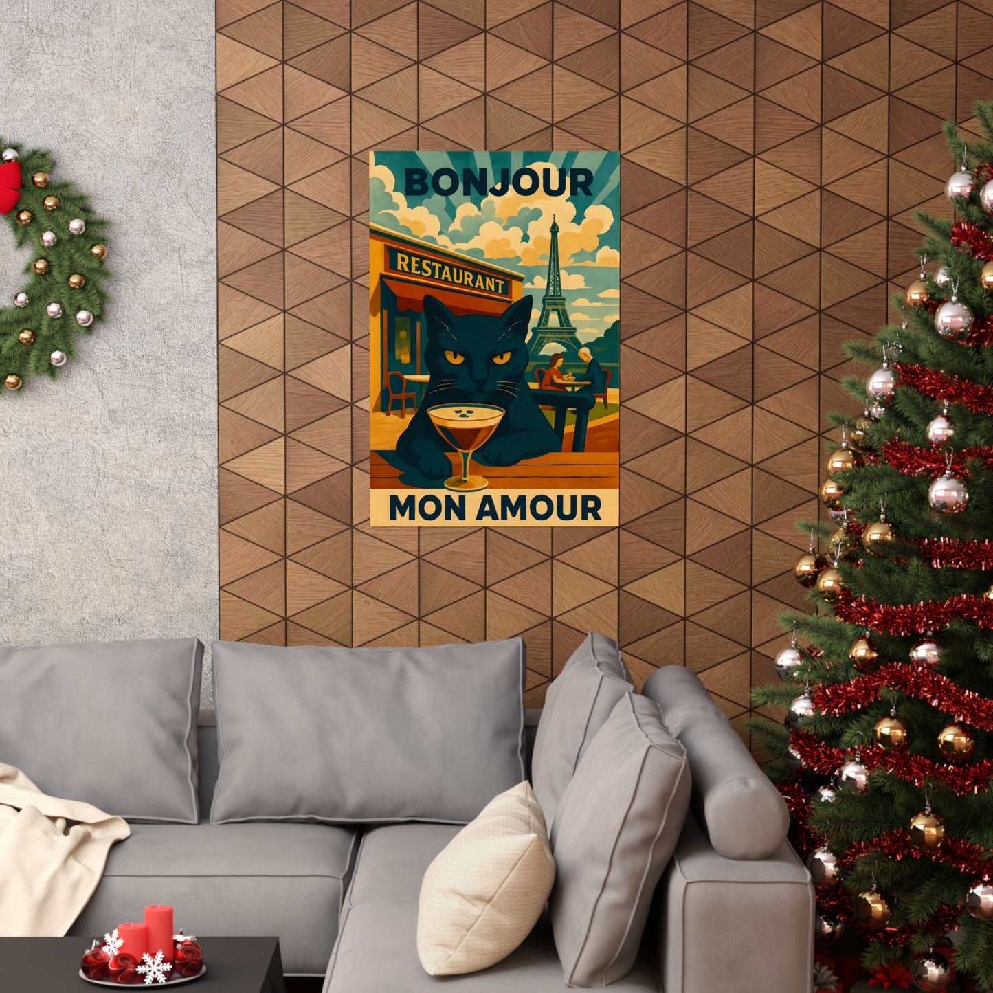 Paris Poster, Black Cat in Paris Cafe Bonjour Mon Amour Matte Print, Wall Art, Home Decor, French Cat Lover Gift, Espresso Drink Eiffel