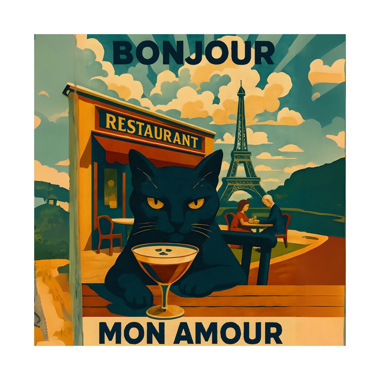 Paris Poster, Black Cat in Paris Cafe Bonjour Mon Amour Matte Print, Wall Art, Home Decor, French Cat Lover Gift, Espresso Drink Eiffel
