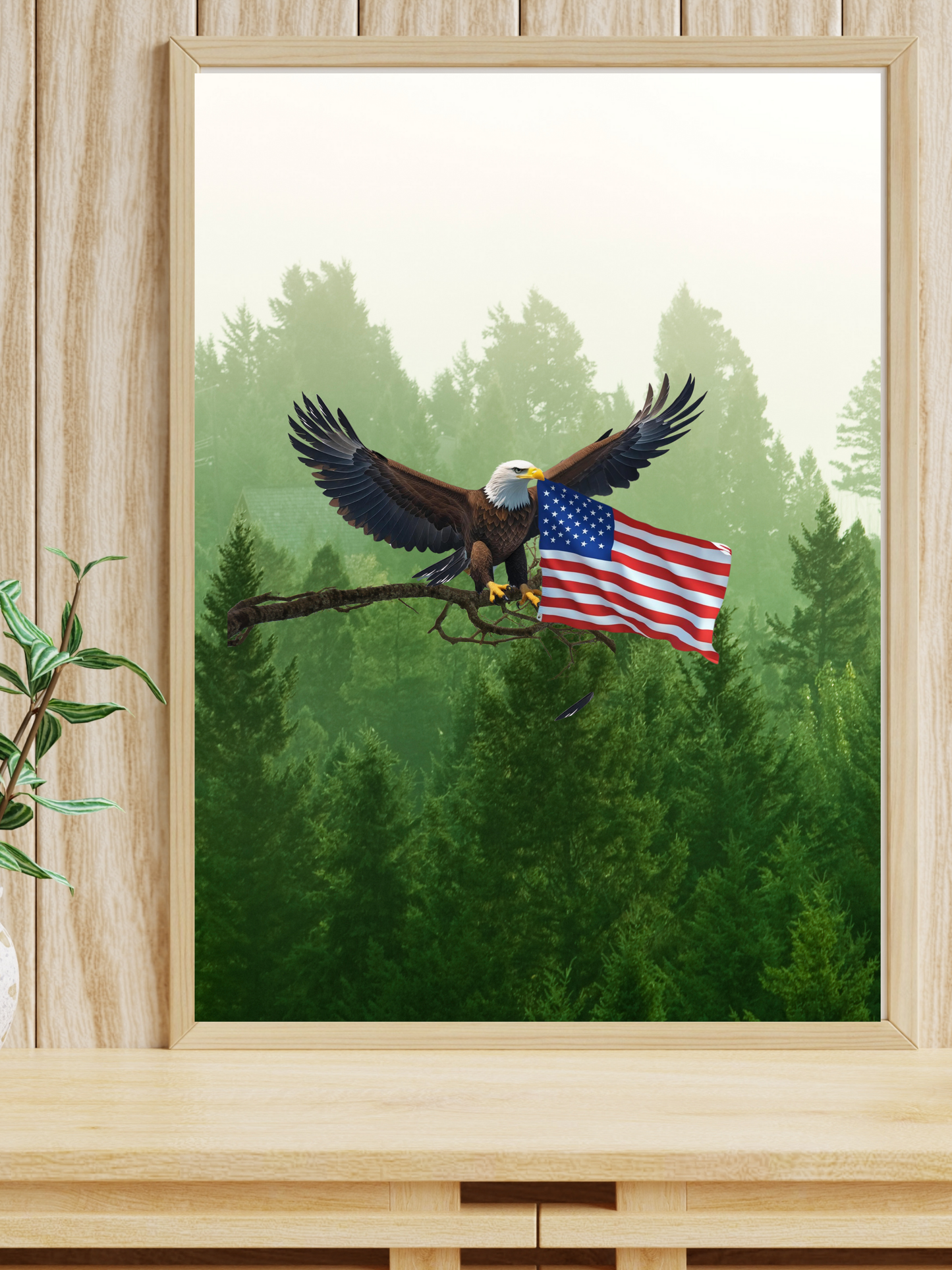 Majestic Eagle Flying with American Flag – Patriotic Forest Wall Art Print