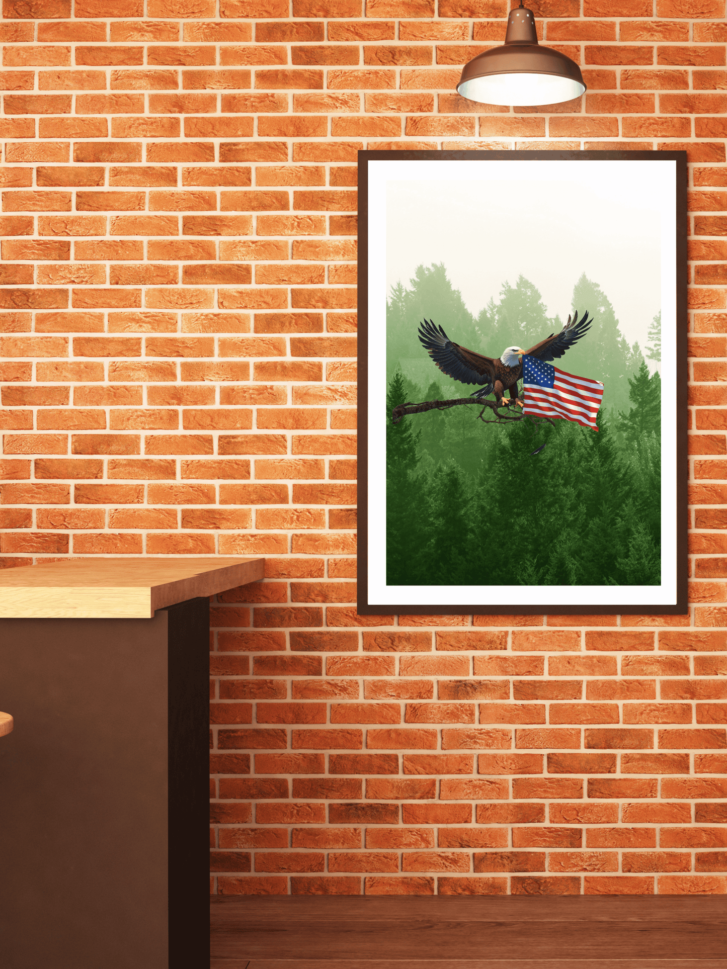 Majestic Eagle Flying with American Flag – Patriotic Forest Wall Art Print