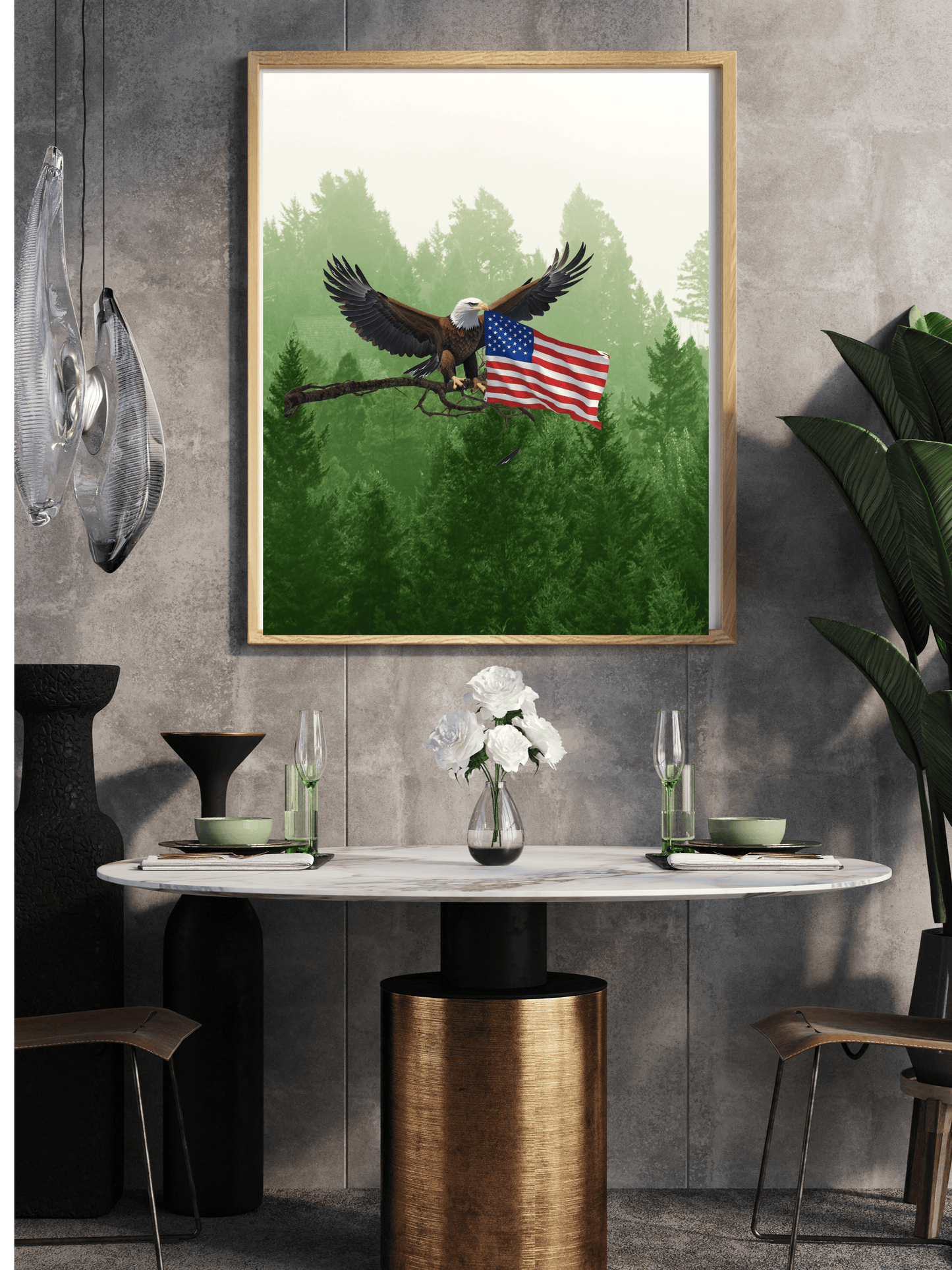 Majestic Eagle Flying with American Flag – Patriotic Forest Wall Art Print