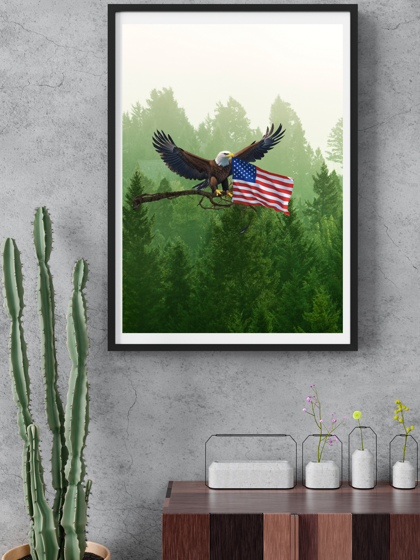 Majestic Eagle Flying with American Flag – Patriotic Forest Wall Art Print