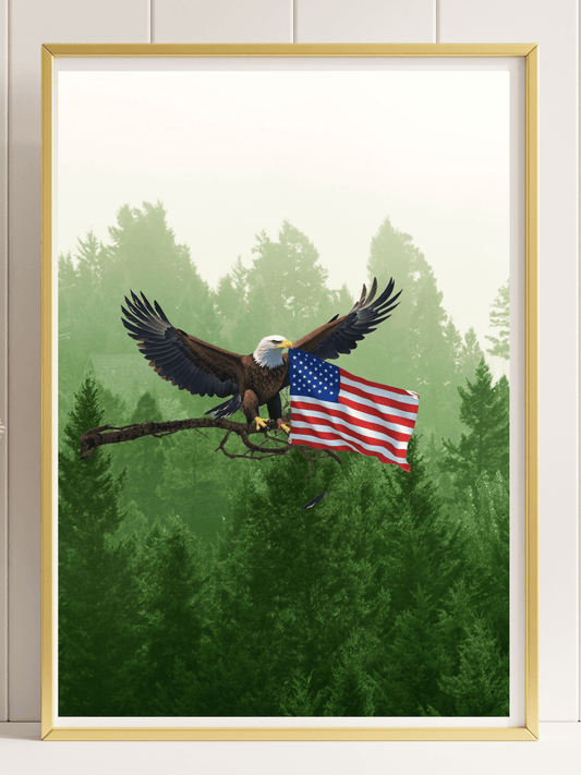 Majestic Eagle Flying with American Flag – Patriotic Forest Wall Art Print