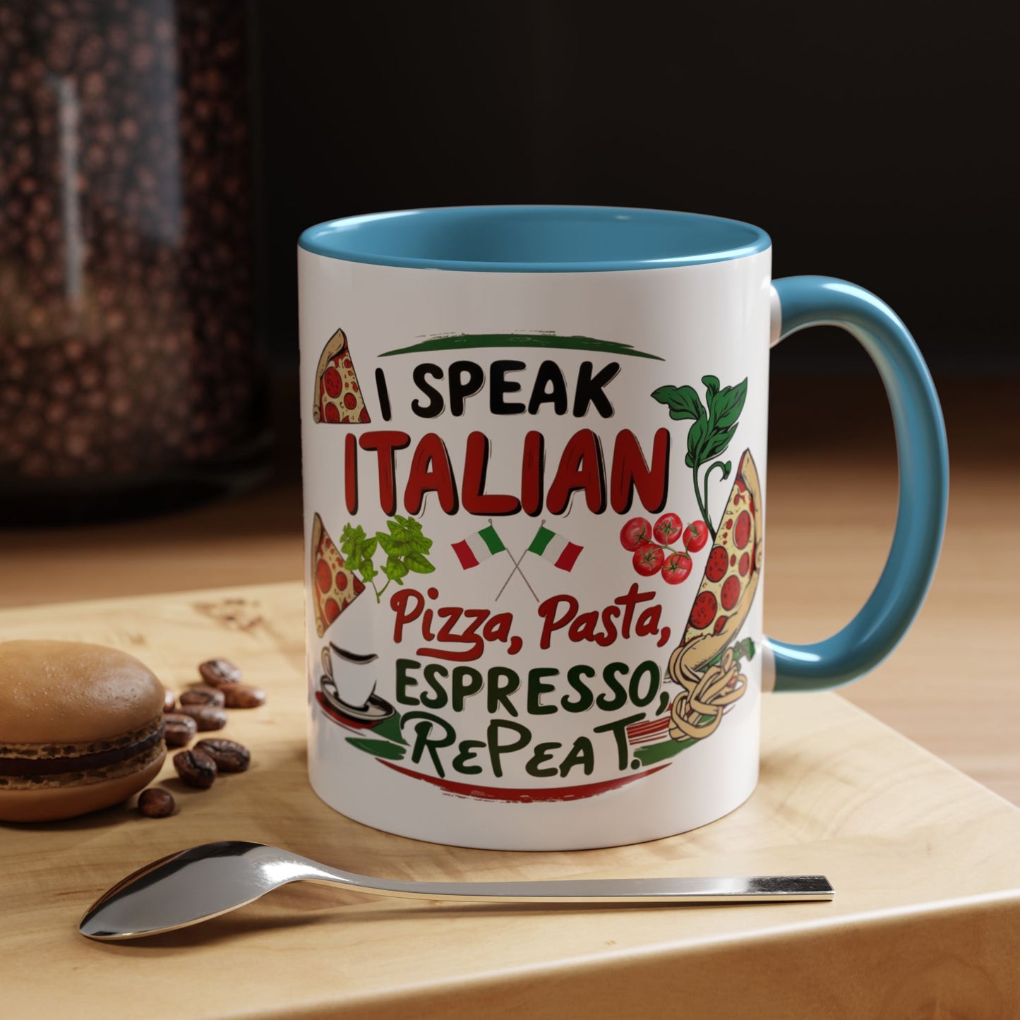 Coffee Mug, Italian Food Lover Gift, Funny Coffee Cup, Kitchen Decor, Espresso Repeat Design, 11oz 15oz Tea Cup, Pizza Pasta Mug, Tomato