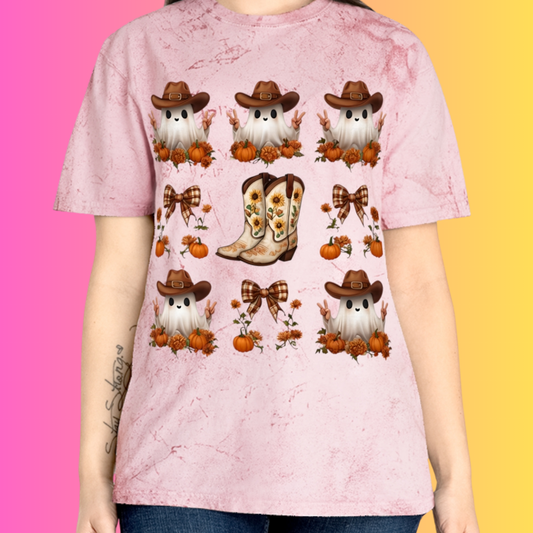 Halloween Cowboy Ghost Unisex T-Shirt, Color Blast Tee, Spooky Western Shirt, Ghostly Cowboy Costume Top, Halloween Festival Apparel