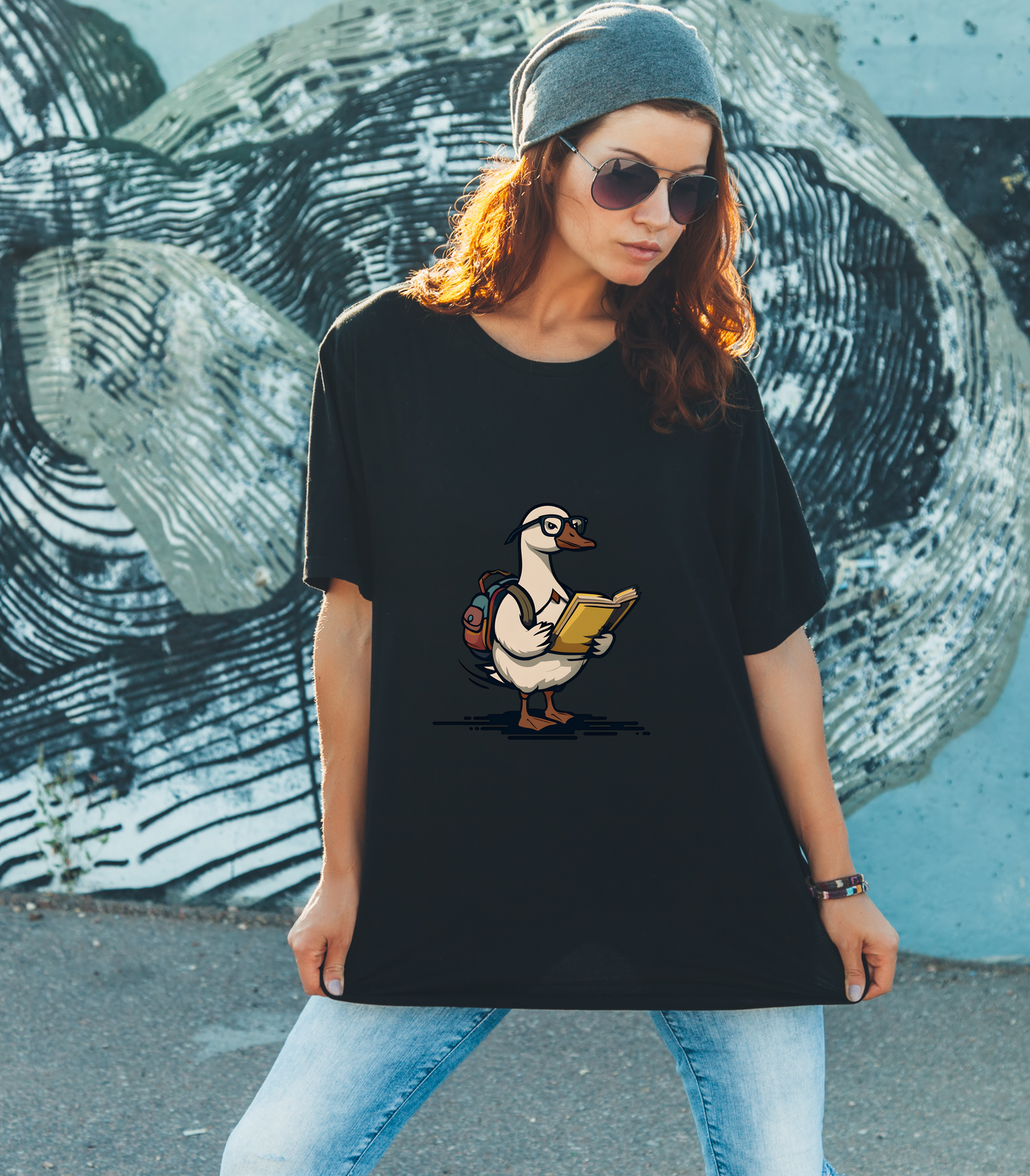 Funny Goose Unisex T-shirt, Silly Animal Reading Book & Backpack Tee, Gift for Book Lovers, Cute Bird Shirt, Novelty Animal Graphic Tee,