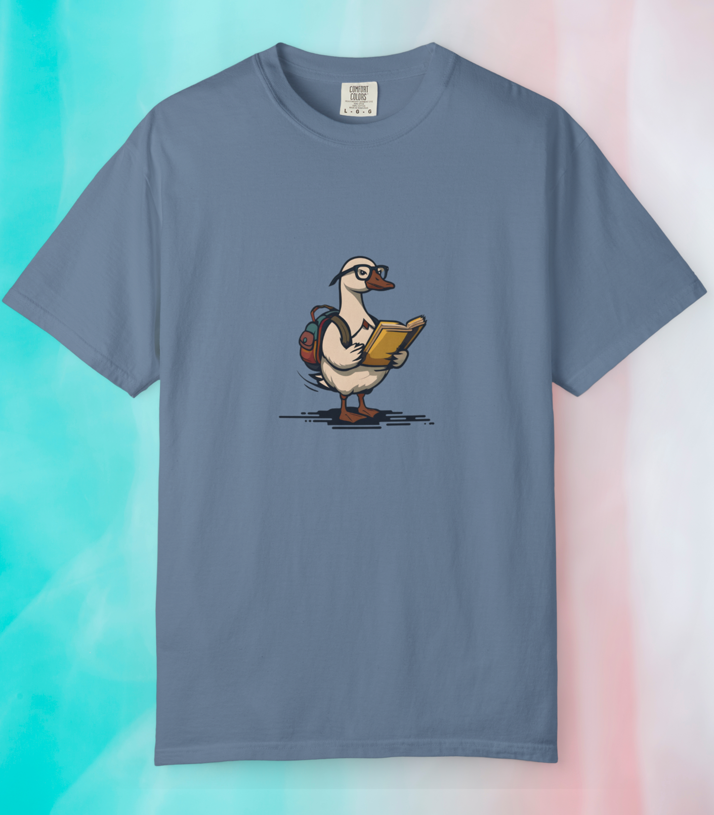 Funny Goose Unisex T-shirt, Silly Animal Reading Book & Backpack Tee, Gift for Book Lovers, Cute Bird Shirt, Novelty Animal Graphic Tee,