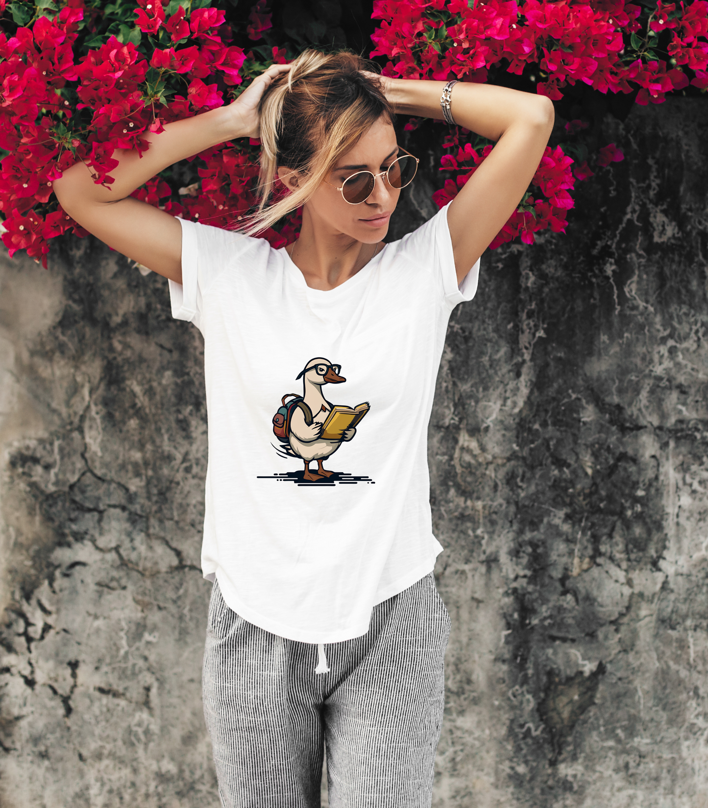 Funny Goose Unisex T-shirt, Silly Animal Reading Book & Backpack Tee, Gift for Book Lovers, Cute Bird Shirt, Novelty Animal Graphic Tee,