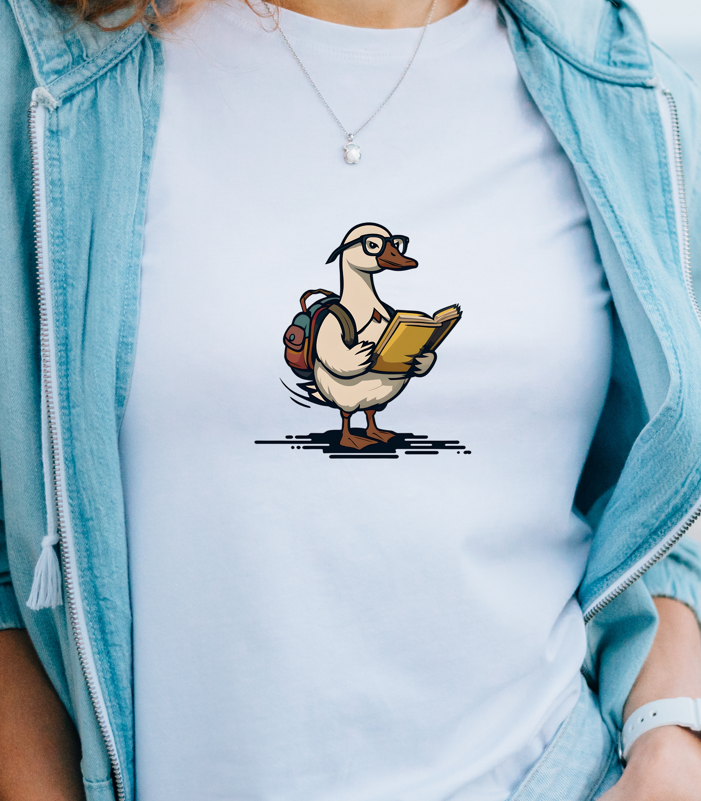 Funny Goose Unisex T-shirt, Silly Animal Reading Book & Backpack Tee, Gift for Book Lovers, Cute Bird Shirt, Novelty Animal Graphic Tee,