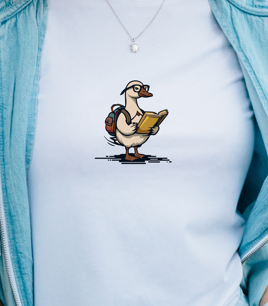 Funny Goose Unisex T-shirt, Silly Animal Reading Book & Backpack Tee, Gift for Book Lovers, Cute Bird Shirt, Novelty Animal Graphic Tee,