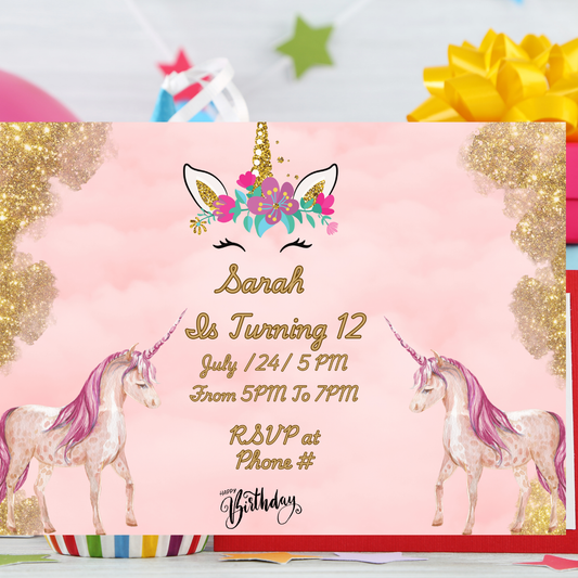 Unicorn-themed birthday invitation with pink background and decorative elements.