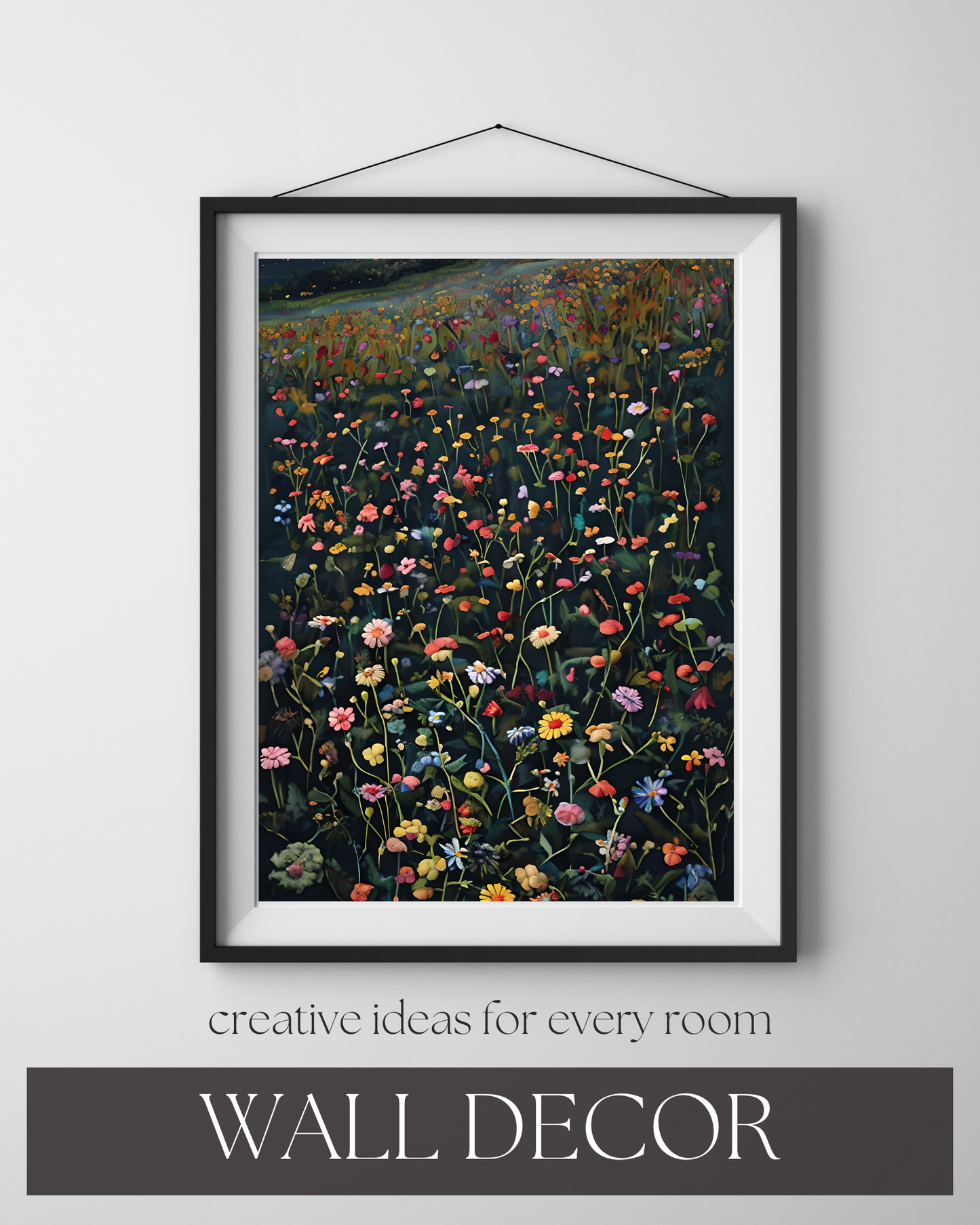 Digital Download wall art print, wall decorations Nature Posters Floral Field Wall Art Flowers Print Botanical Home Decor Nature Gift Unique Art Fiber Art Depicting Vibrant wild flowers at twilight
