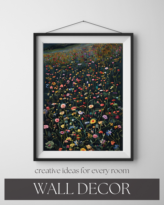 Digital Download wall art print, wall decorations Nature Posters Floral Field Wall Art Flowers Print Botanical Home Decor Nature Gift Unique Art Fiber Art Depicting Vibrant wild flowers at twilight