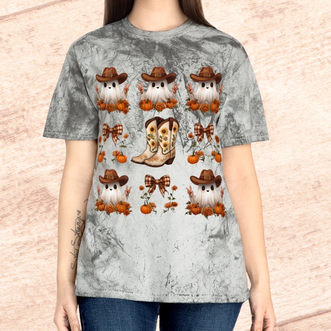 Halloween Cowboy Ghost Unisex T-Shirt, Color Blast Tee, Spooky Western Shirt, Ghostly Cowboy Costume Top, Halloween Festival Apparel