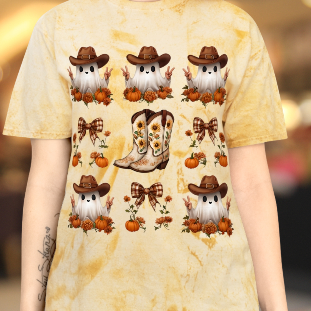 Halloween Cowboy Ghost Unisex T-Shirt, Color Blast Tee, Spooky Western Shirt, Ghostly Cowboy Costume Top, Halloween Festival Apparel