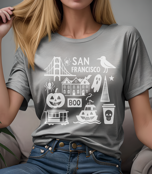 San Francisco Halloween T-Shirt, Unisex Tee, SF Landmarks Graphic Shirt, Holiday Top, Trick or Treat Apparel