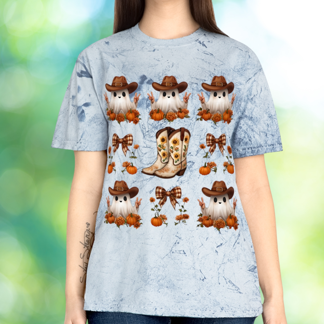 Halloween Cowboy Ghost Unisex T-Shirt, Color Blast Tee, Spooky Western Shirt, Ghostly Cowboy Costume Top, Halloween Festival Apparel