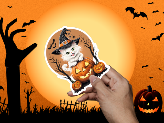 Halloween Cat Stickers, Spooky Witch Hat Pumpkin Decals, Cute Halloween Decorations, Trick or Treat Accessories, Cat Lover Gifts,