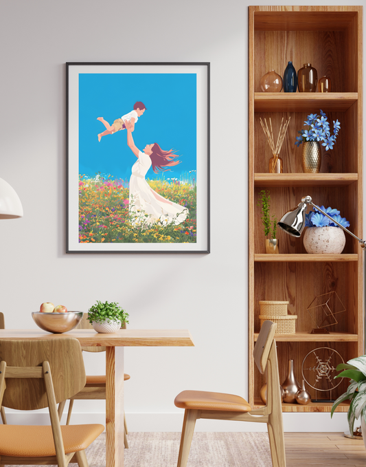 Joyful Mother Raising Child Amidst Vibrant Wildflowers