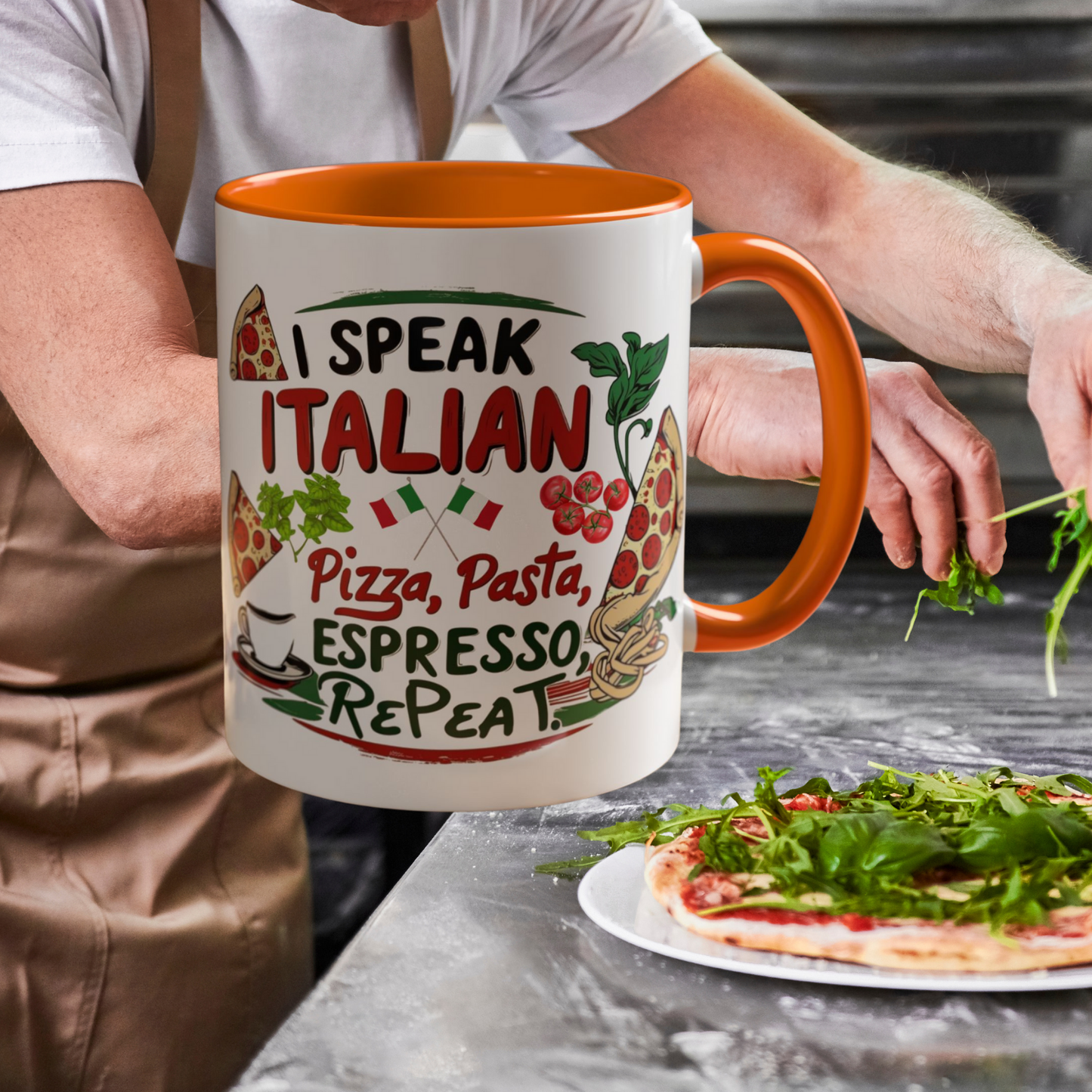 Coffee Mug, Italian Food Lover Gift, Funny Coffee Cup, Kitchen Decor, Espresso Repeat Design, 11oz 15oz Tea Cup, Pizza Pasta Mug, Tomato