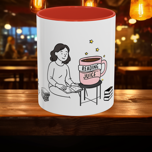 Coffee Mug, reading juice phrase on a coffee cup with a woman reading a book, Book Lover Gift, Reading Mug, Bibliophile Gift, Literary Mug,