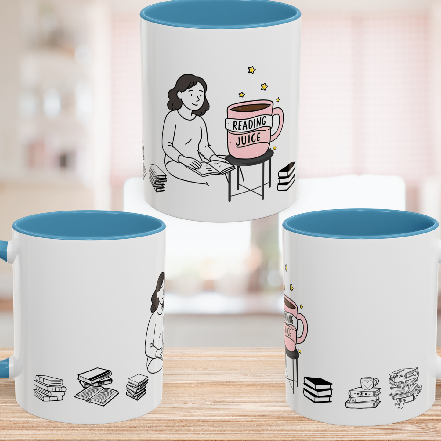 Coffee Mug, reading juice phrase on a coffee cup with a woman reading a book, Book Lover Gift, Reading Mug, Bibliophile Gift, Literary Mug,